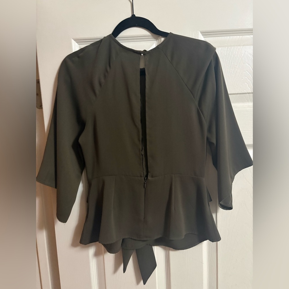 Topshop olive blouse top 3/4 sleeve ruffle tie front feminine romantic office 6 - Picture 5 of 5
